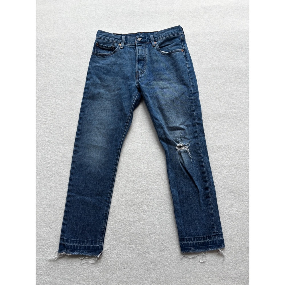 Levi's 501 Original Fit Jeans Womens 27 Medium Wash Distressed Raw Hem Denim - Picture 1 of 12